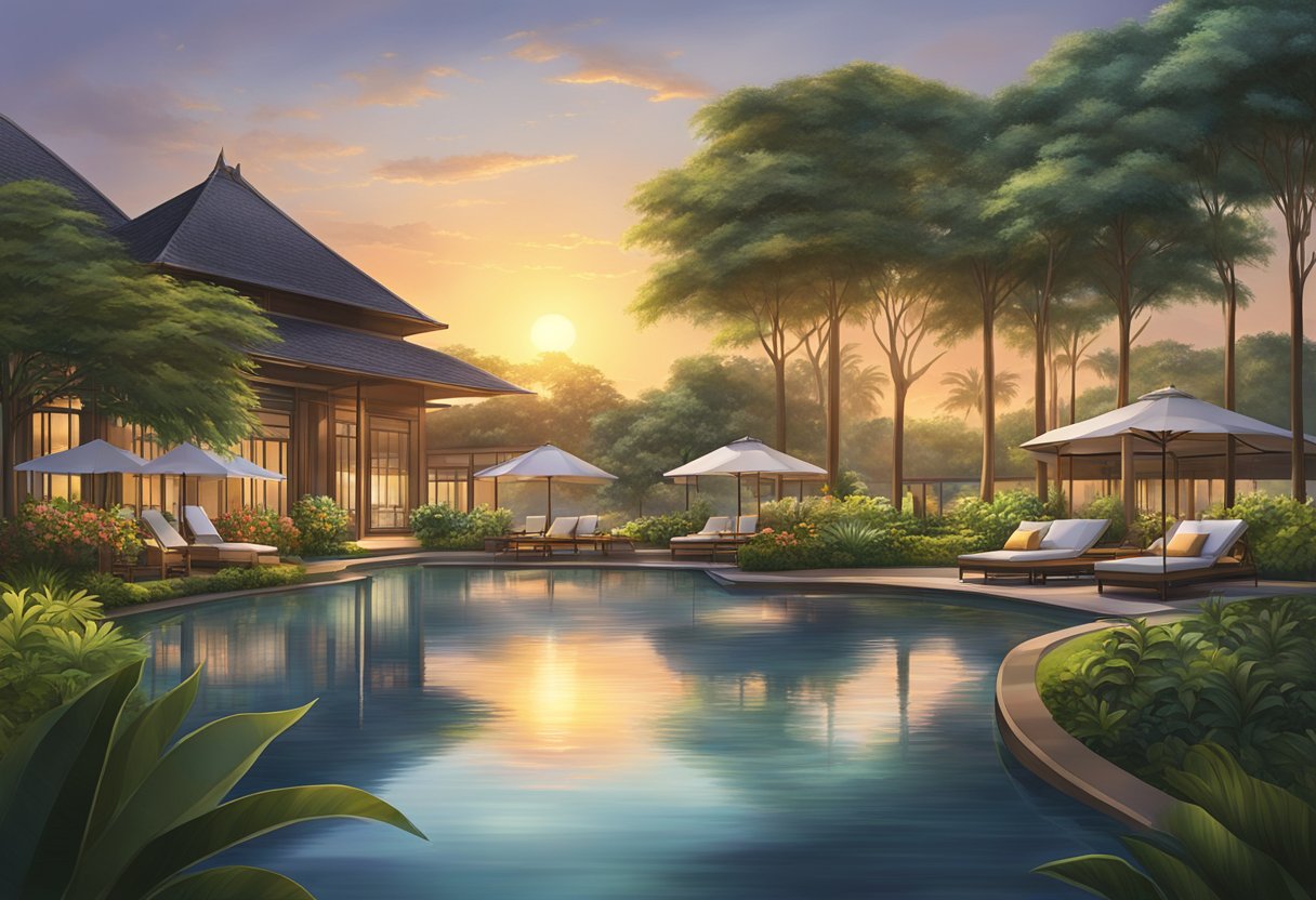 The sun sets over the calm waters of Dusit Thani Laguna Singapore, casting a warm glow on the lush greenery and elegant architecture