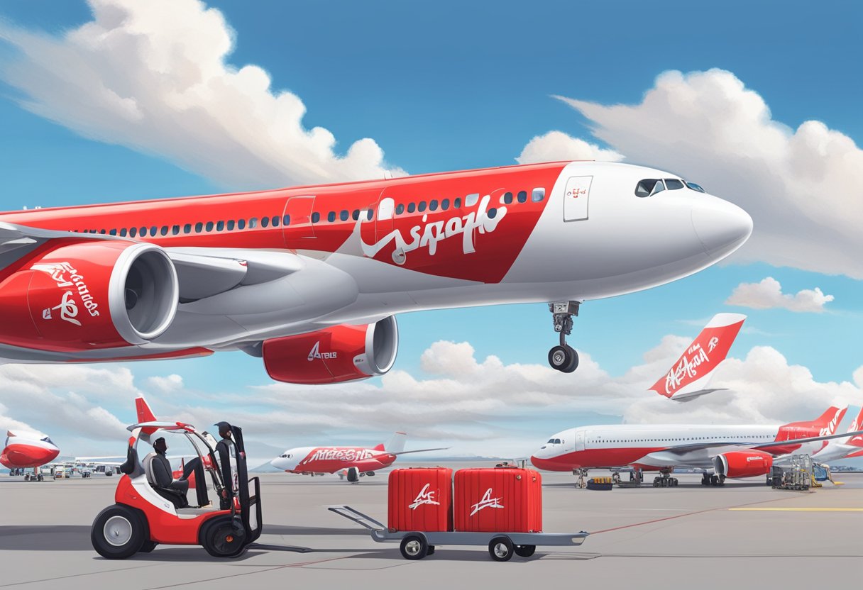 AirAsia Singapore: A red and white airplane parked on the tarmac, with ground crew and luggage carts nearby. Blue sky and clouds in the background