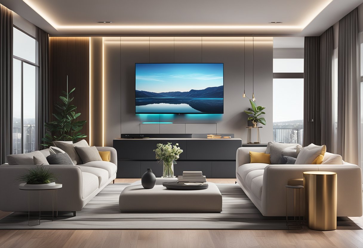 A modern living room with sleek, futuristic smart home devices seamlessly integrated into the decor. Voice-activated controls, ambient lighting, and cutting-edge entertainment systems create a seamless and luxurious home automation experience