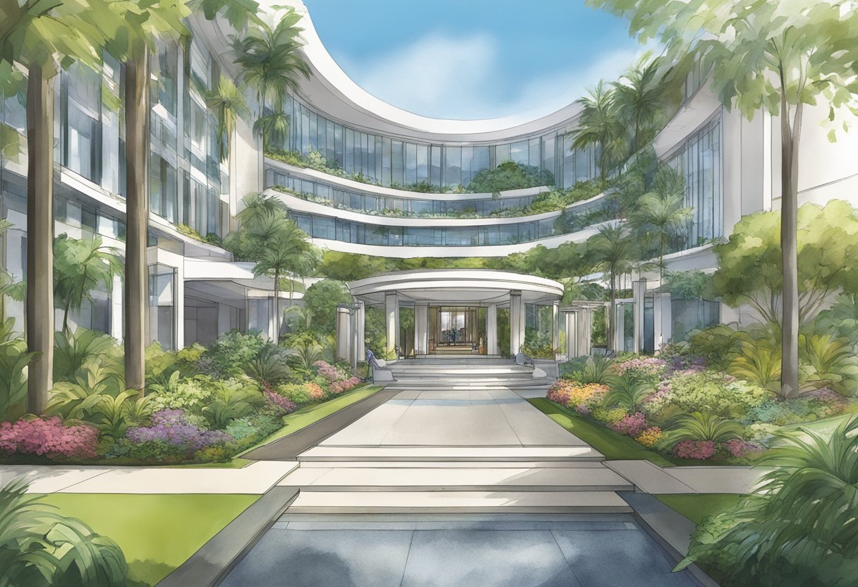 The grand entrance of Dusit Thani Laguna Singapore, with lush landscaping and a contemporary architectural design