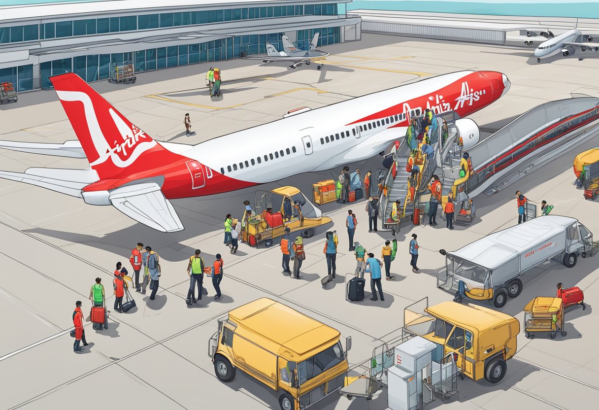 Passengers boarding AirAsia flight to Singapore. Plane on tarmac, crew assisting. Airport terminal in background