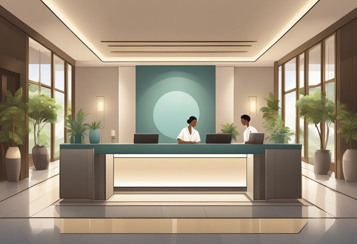 A serene spa reception with a modern, minimalist design. A friendly staff member greets guests at the front desk. Soft lighting and calming music create a tranquil atmosphere