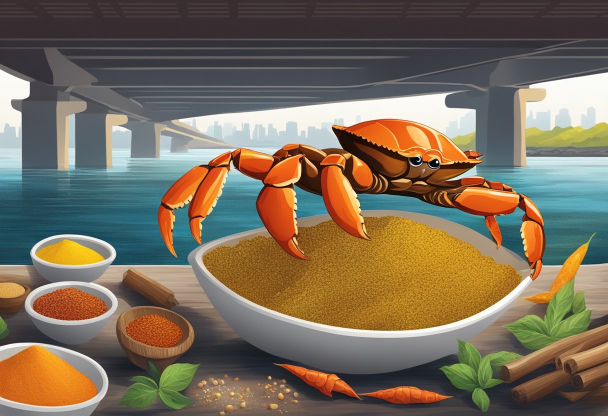 A crab scuttles among colorful spices under a bridge