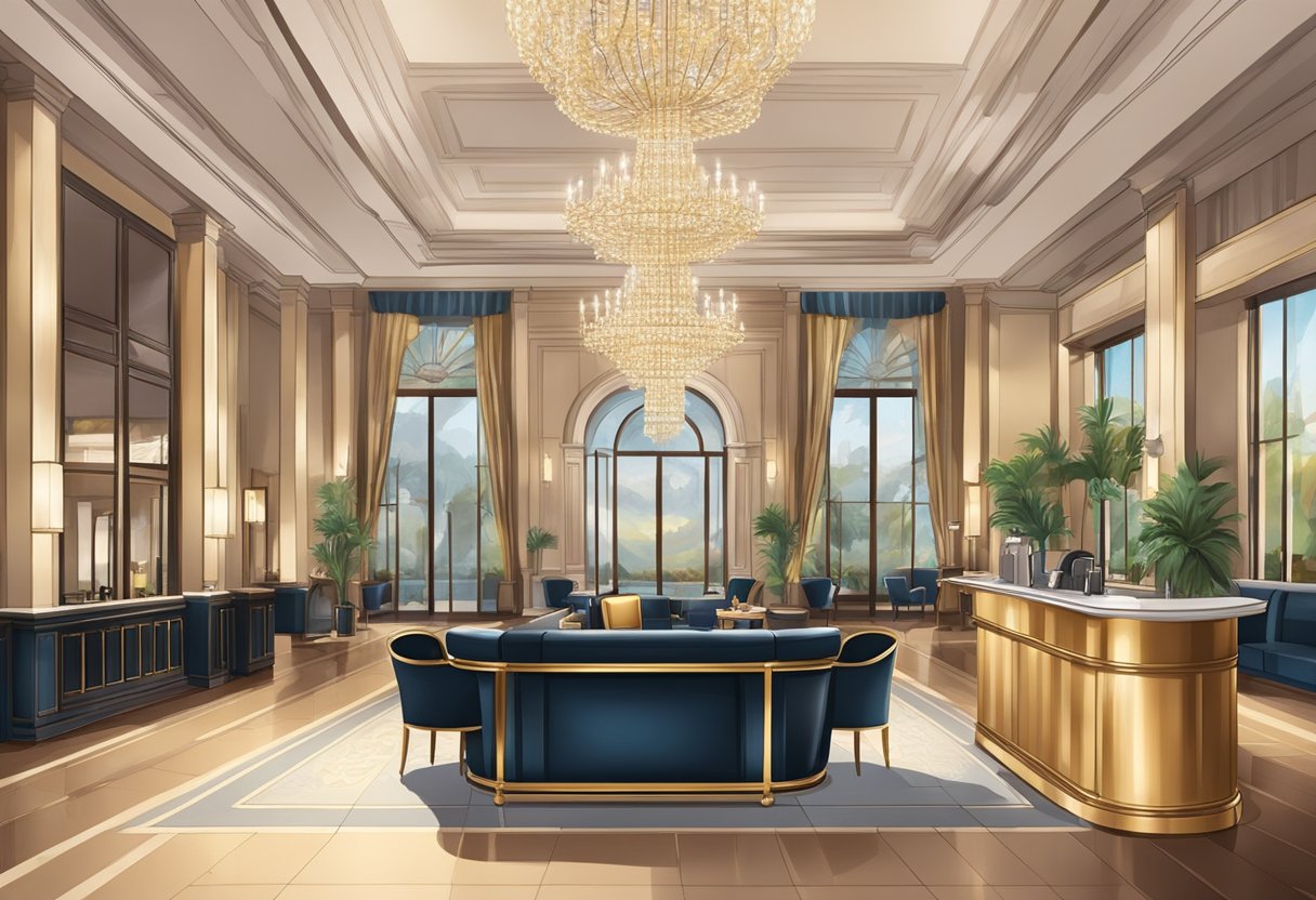 The scene includes a luxurious hotel lobby with a concierge desk, comfortable seating, and a grand chandelier. In the background, a bar and restaurant area can be seen, with elegant decor and attentive staff