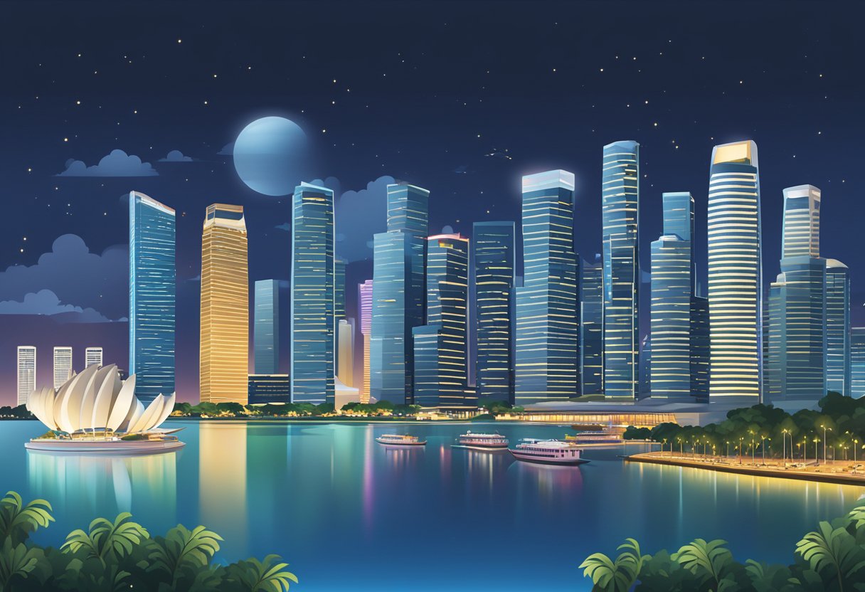 The iconic skyline of Singapore with its futuristic architecture and vibrant city lights, set against the backdrop of a bustling harbor and a clear night sky