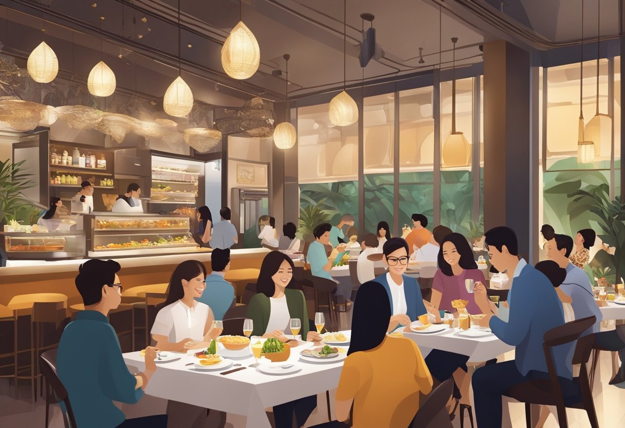 A bustling restaurant scene in Singapore, with diners enjoying a variety of cuisines and lively conversations. The restaurant is adorned with elegant decor and ambient lighting, creating a warm and inviting atmosphere