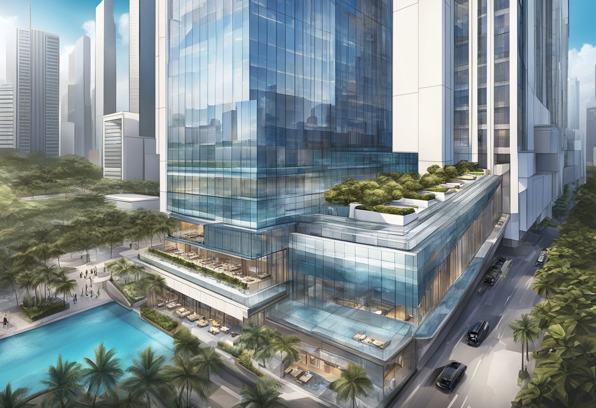 The JW Marriott Hotel in Singapore South Beach features a modern, sleek exterior with glass walls and geometric shapes. The surrounding area is bustling with city life, including skyscrapers and busy streets