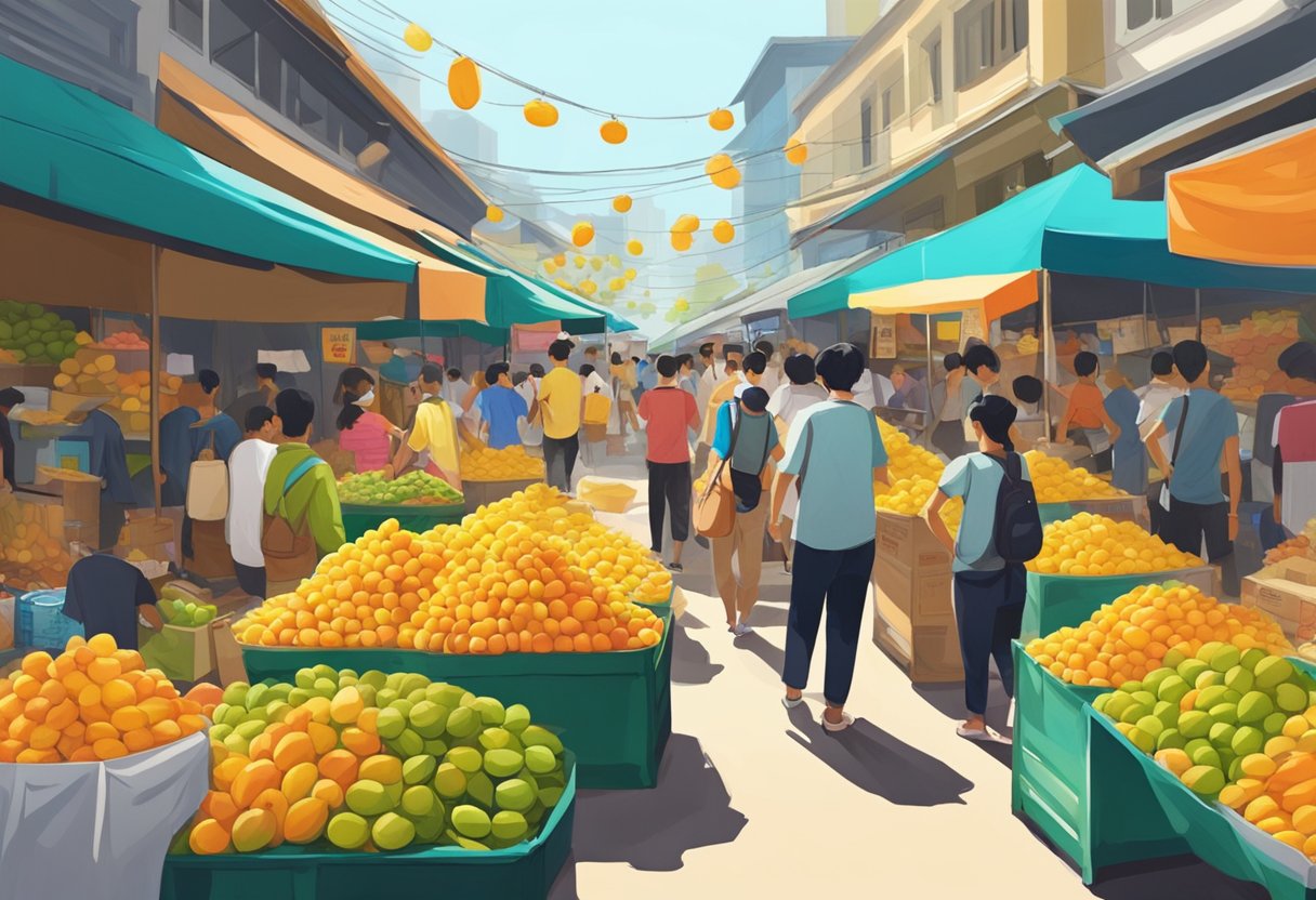 A vibrant street market with piles of ripe mangoes, colorful signage, and bustling crowds in Singapore