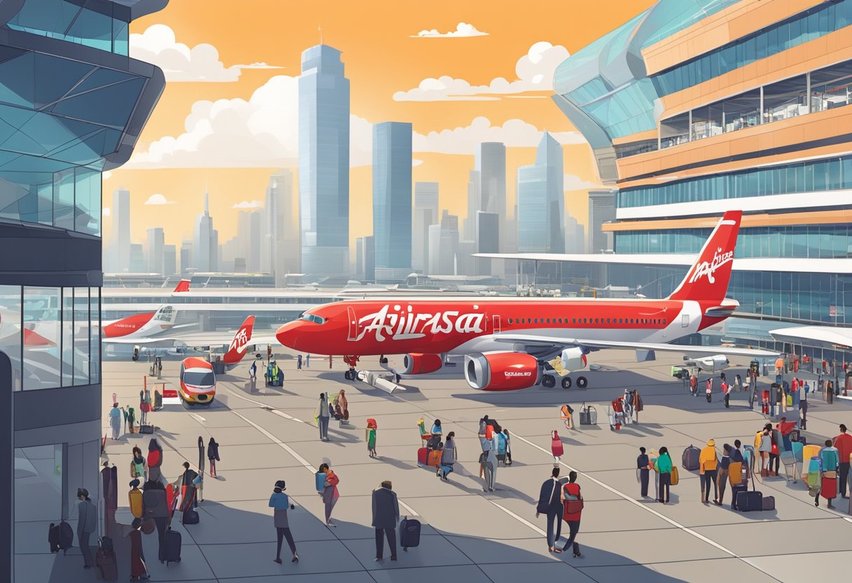 A bustling airport terminal with airasia planes on the tarmac, passengers boarding, and a vibrant city skyline in the background