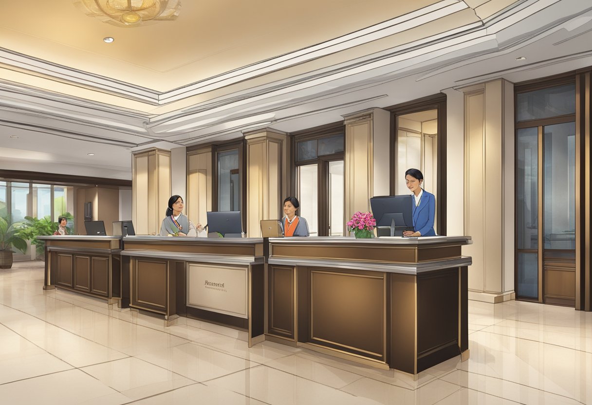 The reception area of Dusit Thani Laguna Singapore, with a sign displaying "Frequently Asked Questions" and guests approaching the front desk for assistance