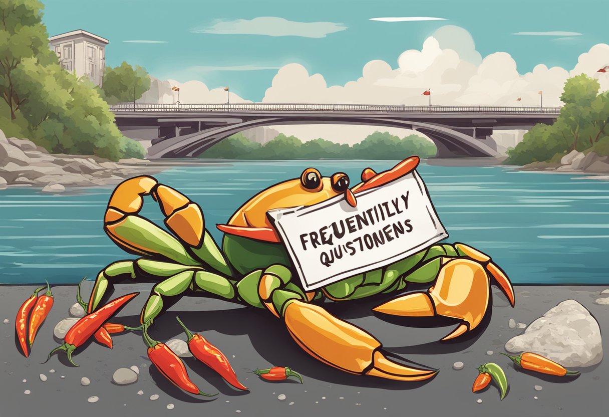 A crab holding a sign that says "Frequently Asked Questions" under a bridge with spicy peppers scattered around