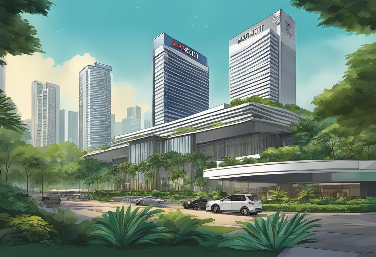 The Singapore Marriott Tang Plaza Hotel stands tall, surrounded by lush greenery and modern architecture, with its iconic logo proudly displayed at the entrance