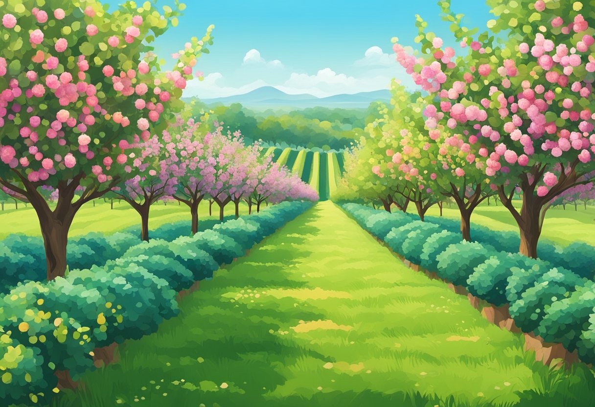 Lush green orchard with rows of fruit trees, vibrant flowers, and a clear blue sky above