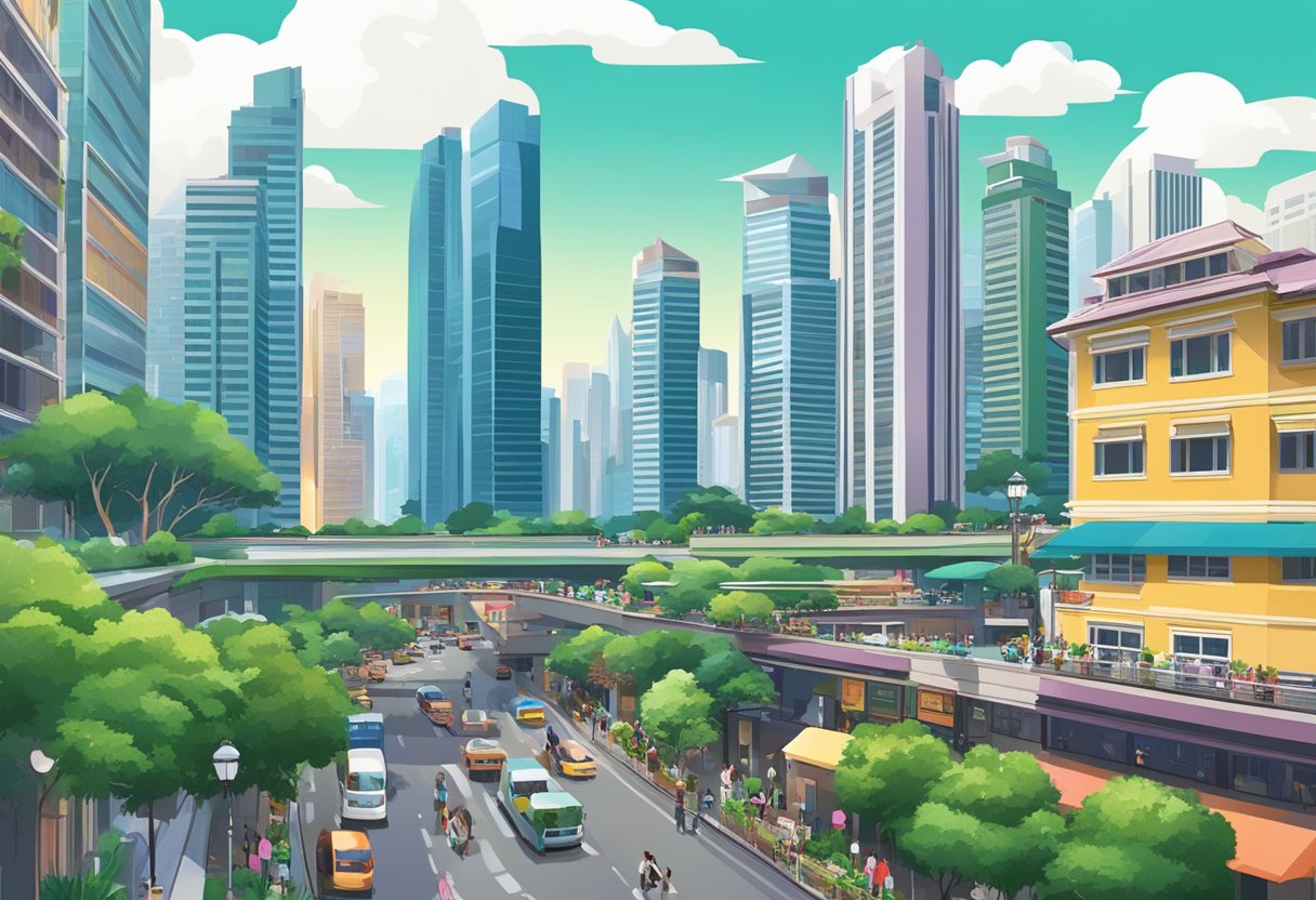 A bustling cityscape in Singapore, with iconic skyscrapers, lush greenery, and vibrant street life