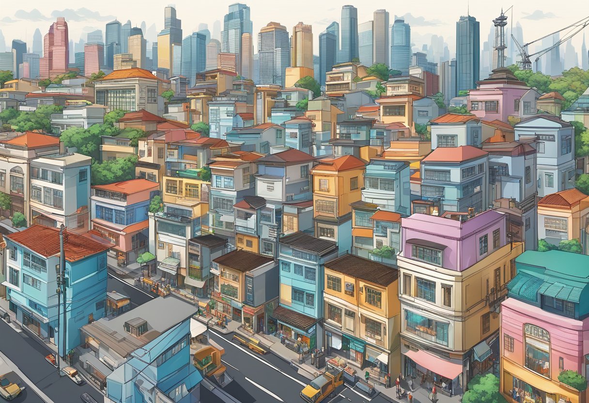 A bustling cityscape with iconic landmarks and a mix of modern skyscrapers and traditional shophouses, with radio towers dotting the skyline