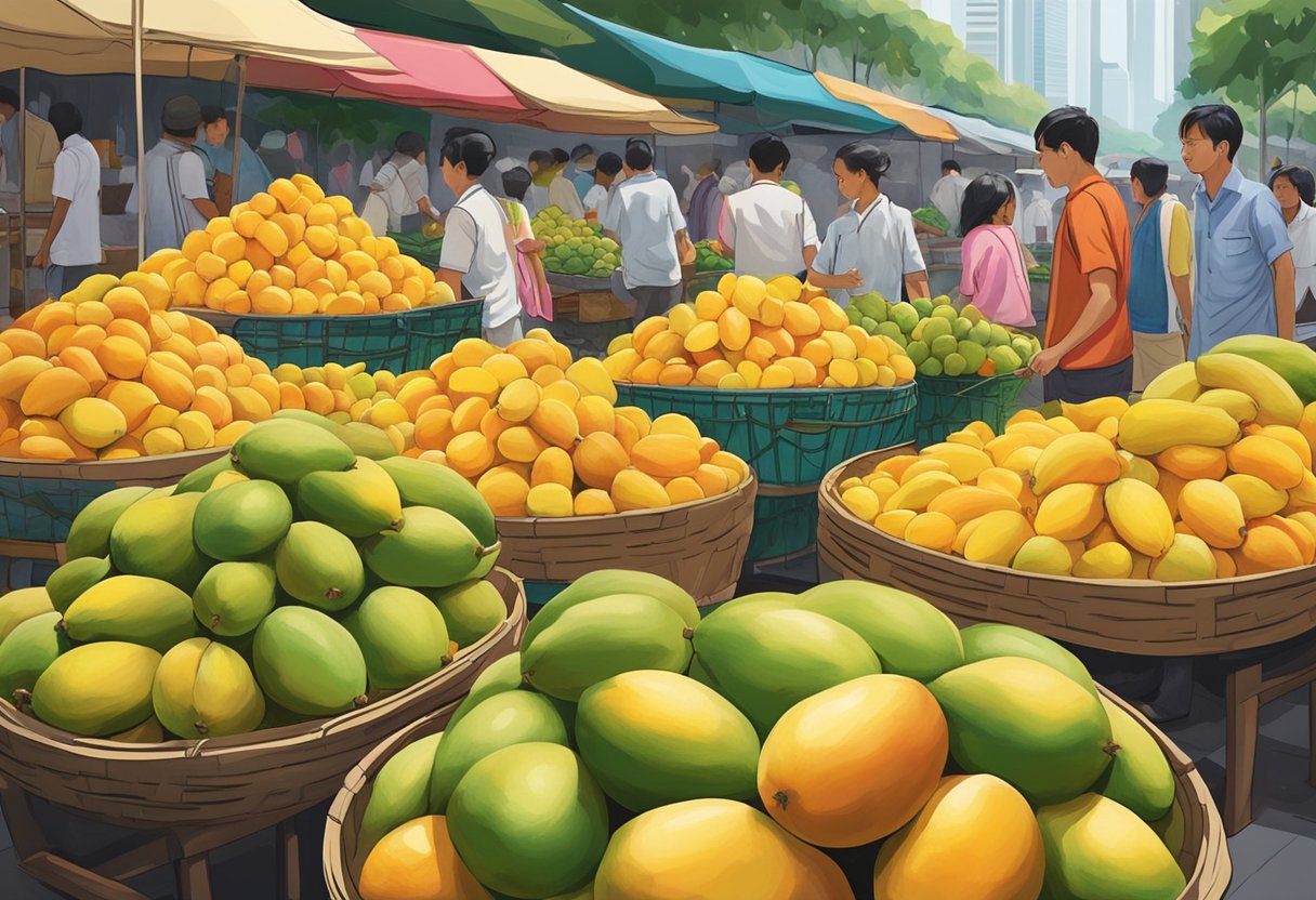 Vibrant mangoes fill a bustling market in Singapore, their sweet aroma mingling with the sounds of the city. The fruits are displayed in colorful piles, attracting the attention of passersby