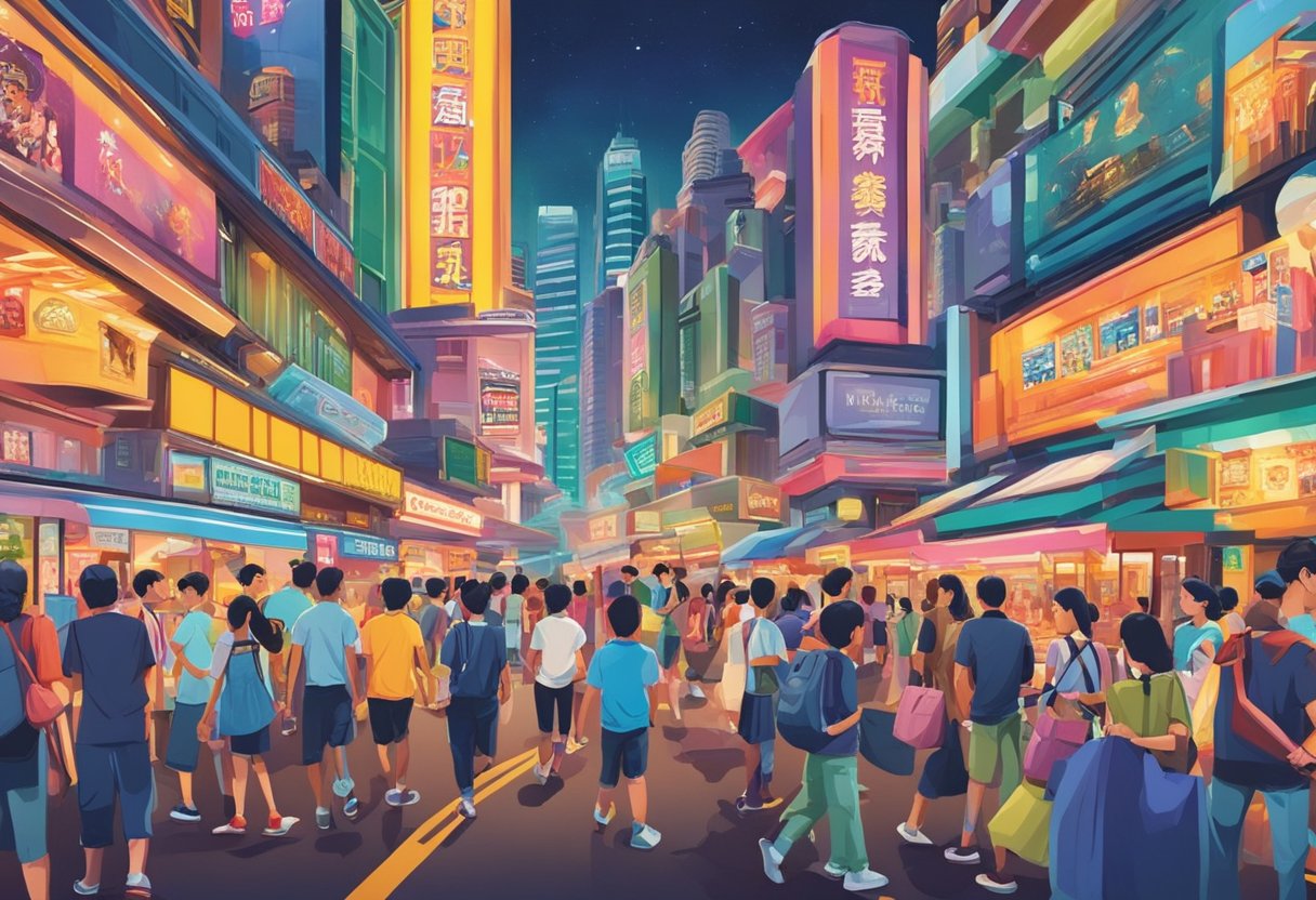 Colorful movie posters fill the bustling streets of Singapore, showcasing upcoming blockbusters and family entertainment. Bright lights and vibrant graphics capture the excitement of the film industry