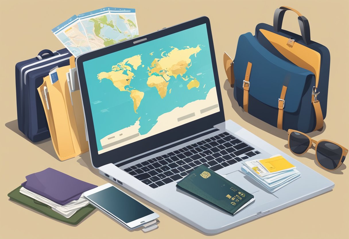 Passport, map, and tickets laid out on a table. A suitcase half-packed with clothes and travel essentials. A laptop open to a travel website