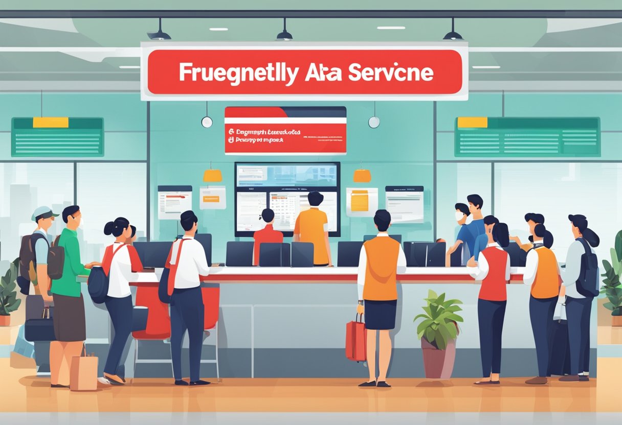 A customer service desk with a sign reading "Frequently Asked Questions airasia singapore" and a line of people waiting for assistance