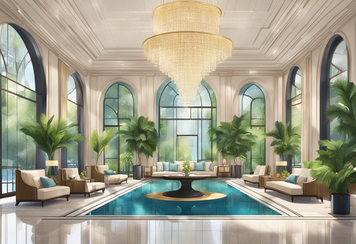 A luxurious hotel lobby with modern furniture and a grand chandelier, surrounded by lush greenery and a serene pool