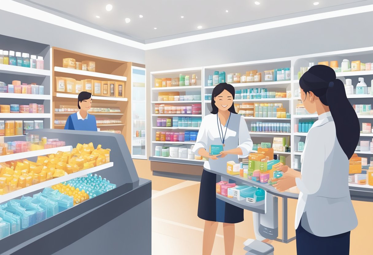 Customers browse Atomy Singapore products in a modern, well-lit store. Shelves are neatly organized with various health and beauty items. A friendly staff member assists a customer at the checkout counter