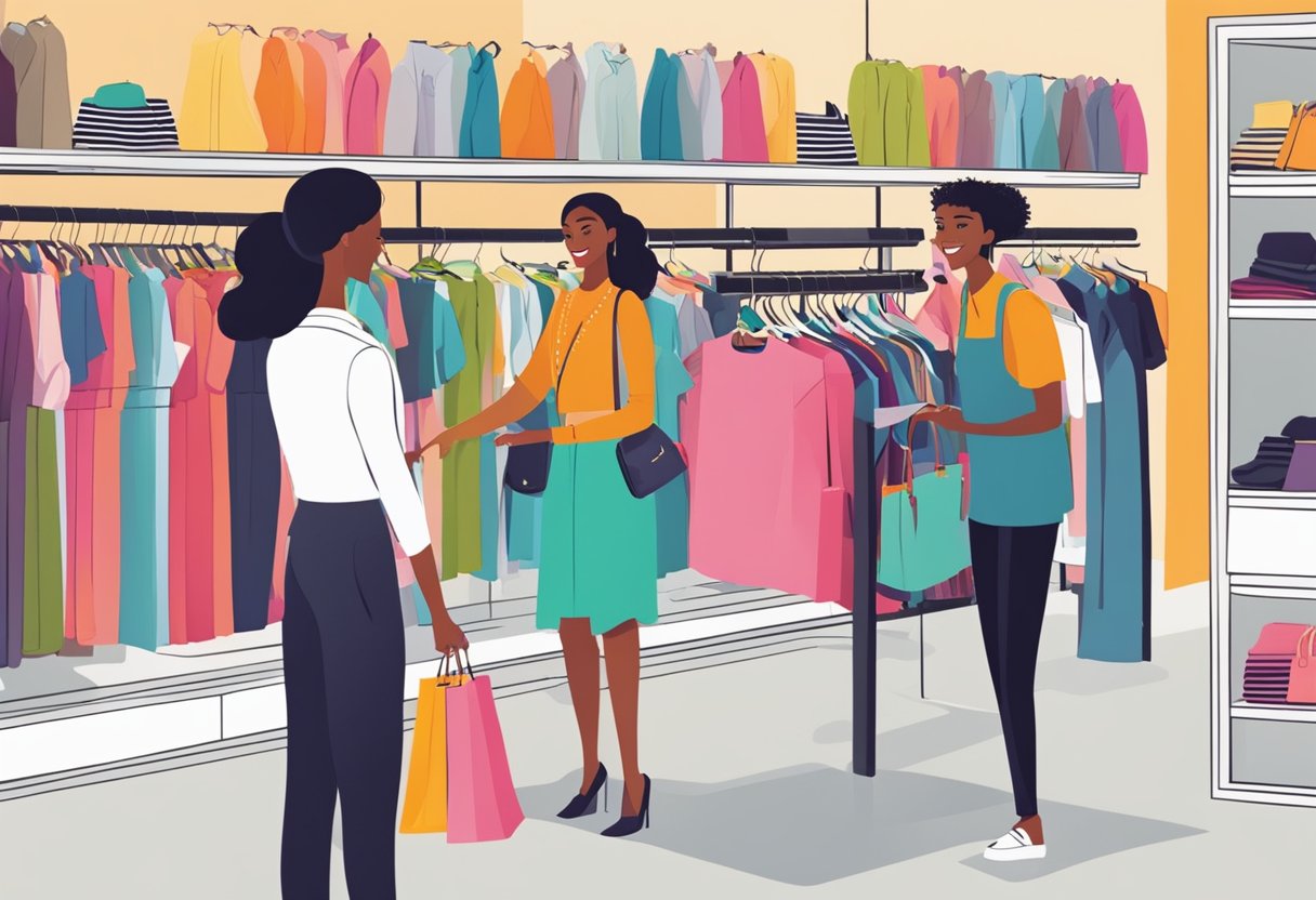 Customers browsing through racks of colorful clothing, while a salesperson assists a shopper with a smile. A display showcases trendy accessories
