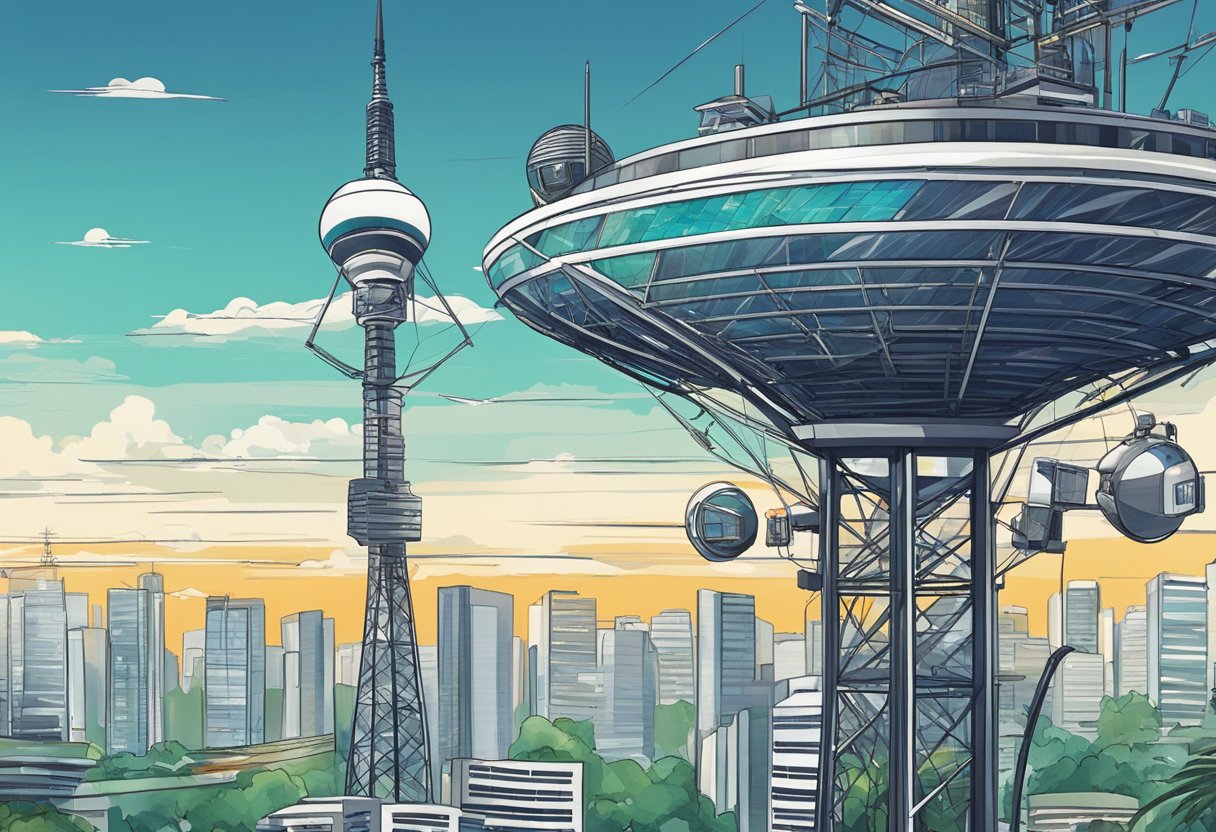 A digital radio tower rises above a bustling city, broadcasting signals across Singapore. Antennas and satellite dishes dot the landscape, connecting the city to the latest advancements in radio technology
