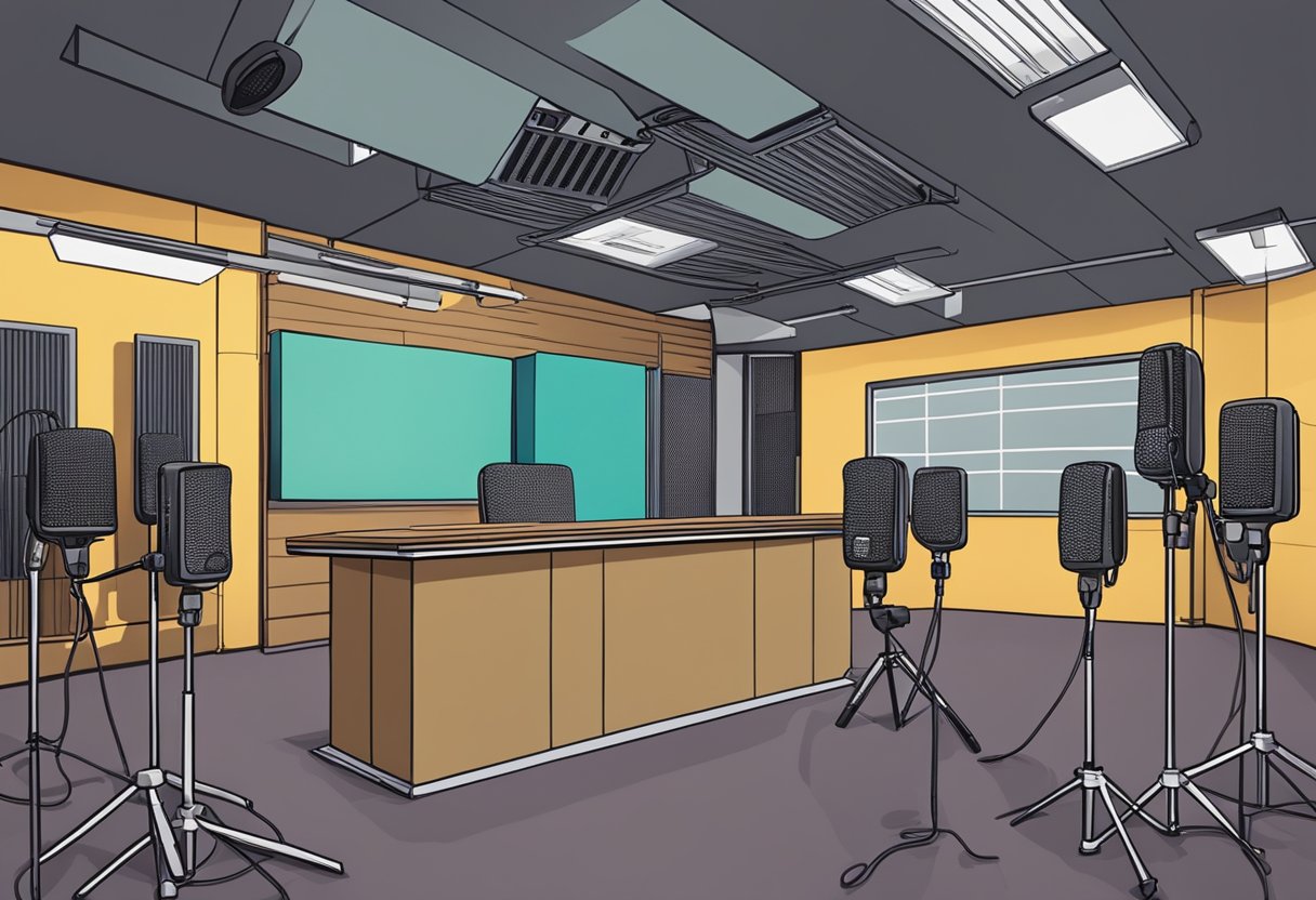A radio studio with microphones, soundproof walls, and a sign reading "Frequently Asked Questions" in Singapore