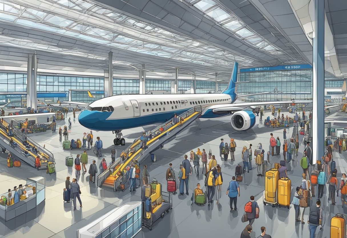 A bustling airport terminal with planes on the tarmac and passengers boarding. Luggage carts and bustling travelers fill the scene