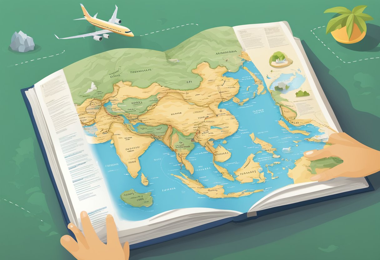 A map of Southeast Asia with a highlighted route from Singapore to Bangkok, surrounded by travel guidebooks and a list of frequently asked questions