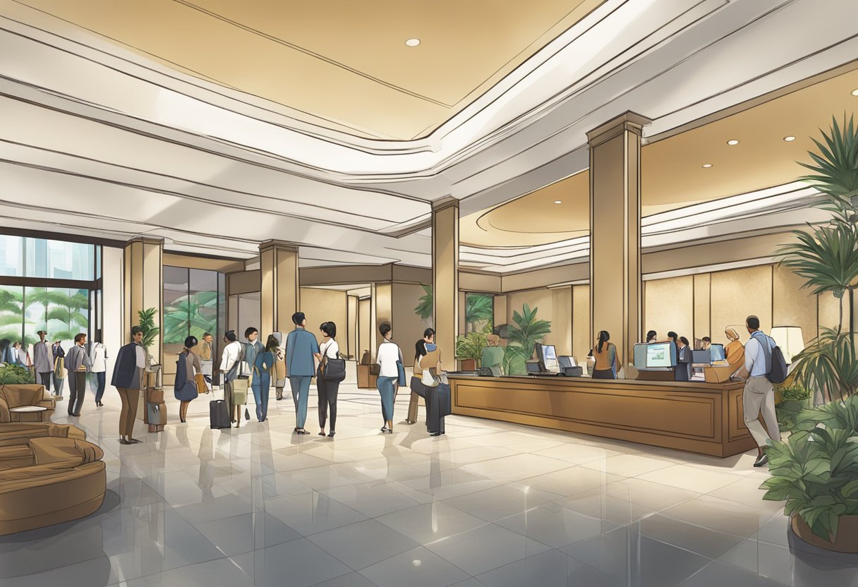 A bustling hotel lobby with a prominent "Frequently Asked Questions" sign at the Singapore Marriott Tang Plaza Hotel. Guests and staff are seen interacting and seeking information