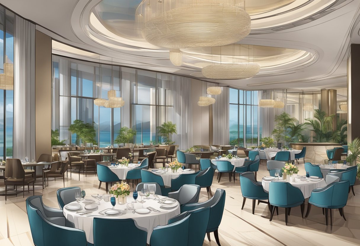 The elegant dining area at JW Marriott Hotel Singapore South Beach buzzes with activity as guests enjoy fine cuisine and live entertainment