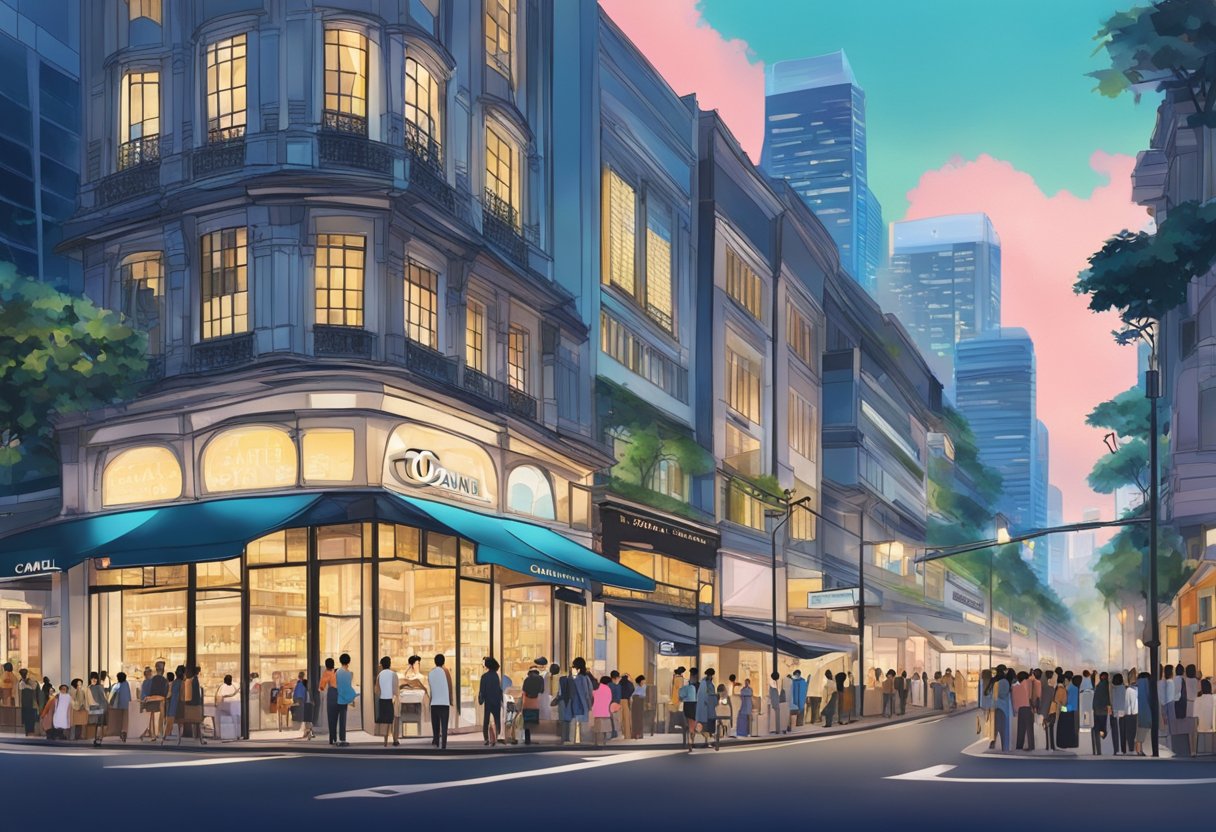 A bustling street in Singapore, with iconic Chanel storefront and vibrant city lights