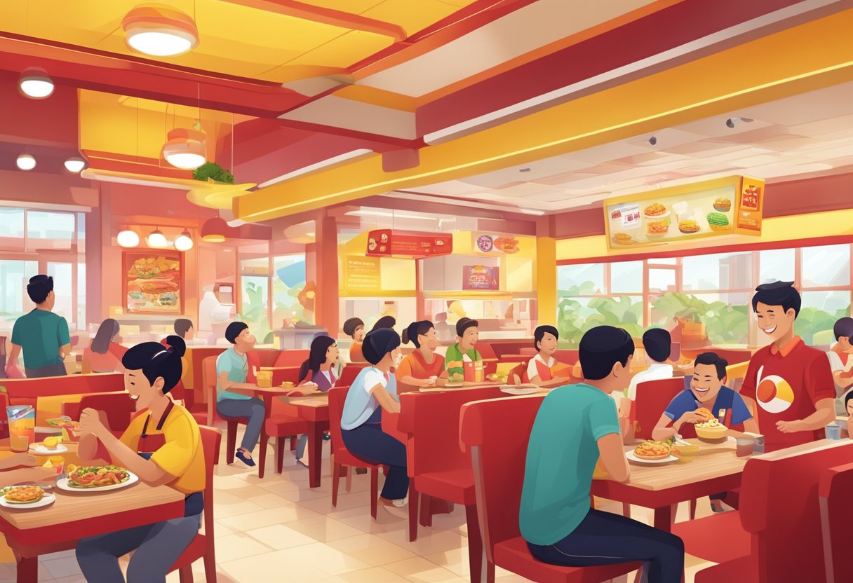 Jollibee Singapore: A bustling fast-food restaurant with vibrant red and yellow decor, filled with happy customers enjoying Filipino-inspired meals