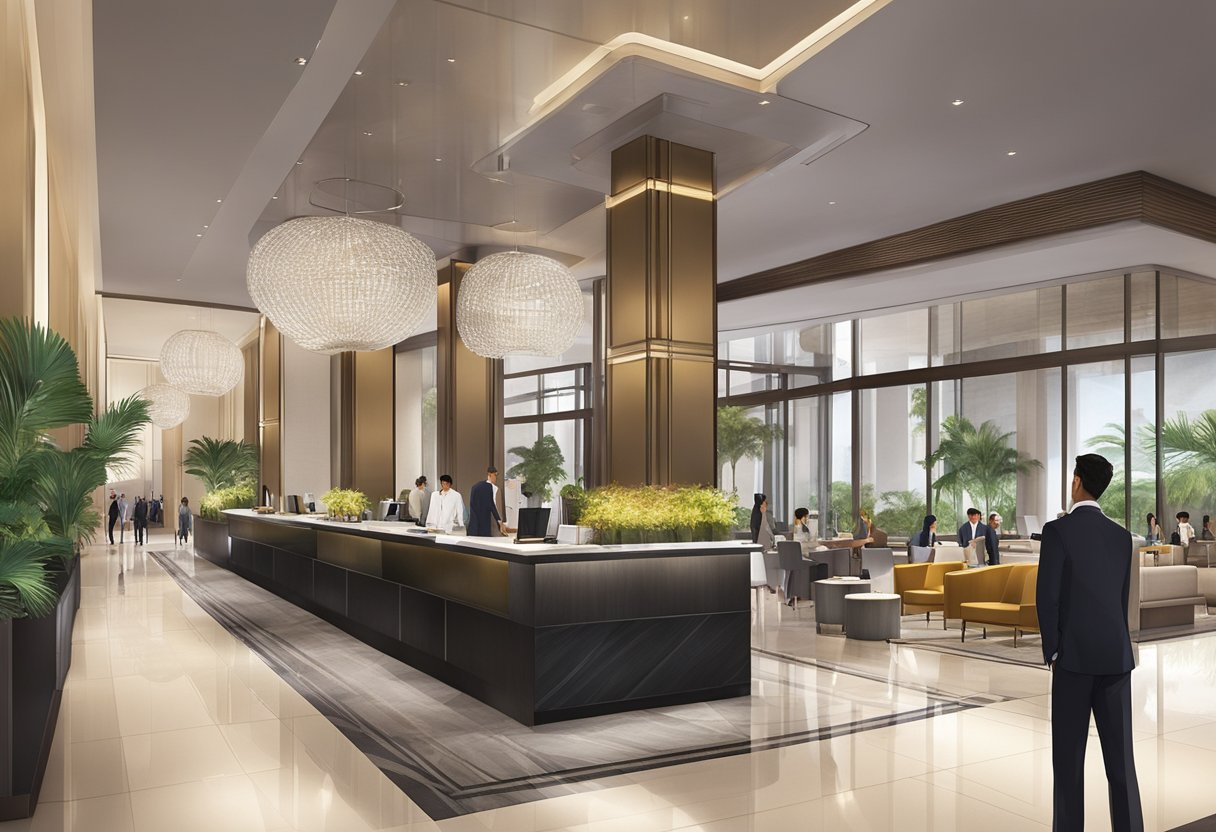 The lobby of JW Marriott Hotel Singapore South Beach bustles with guests seeking information, while staff members efficiently handle inquiries at the front desk. The modern and luxurious decor of the hotel creates an elegant and inviting atmosphere