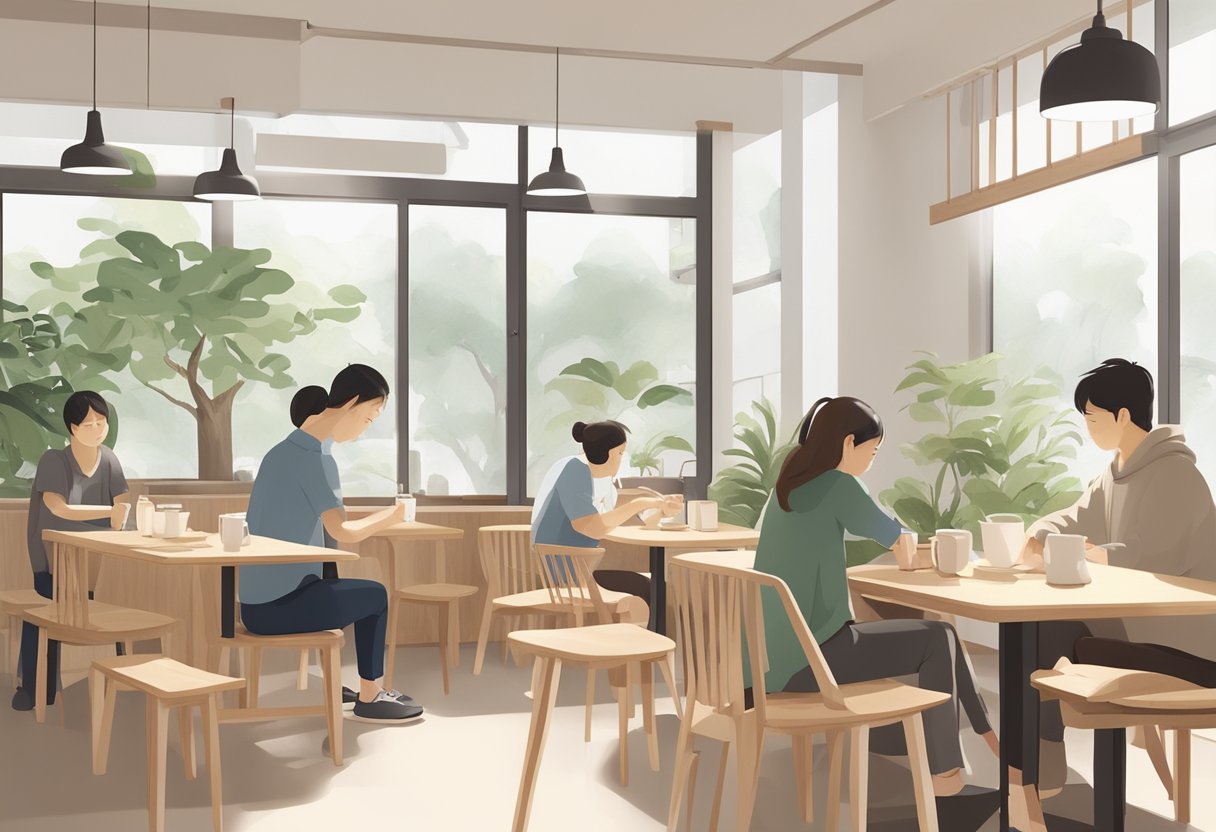 Customers enjoying minimalistic decor and natural lighting at Muji Cafe Singapore, with simple wooden furniture and a serene ambiance