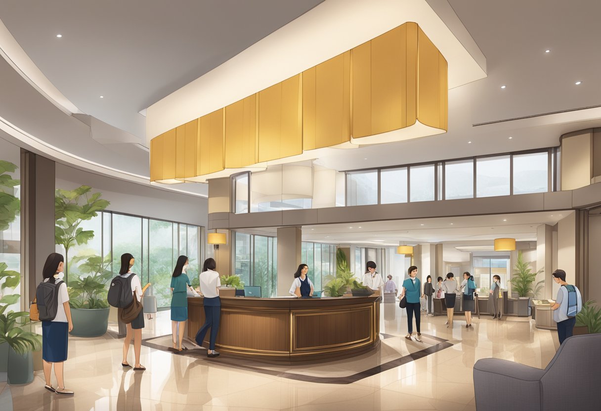 The bustling lobby of Ascott Orchard Singapore, with guests checking in, staff assisting, and a prominent FAQ display