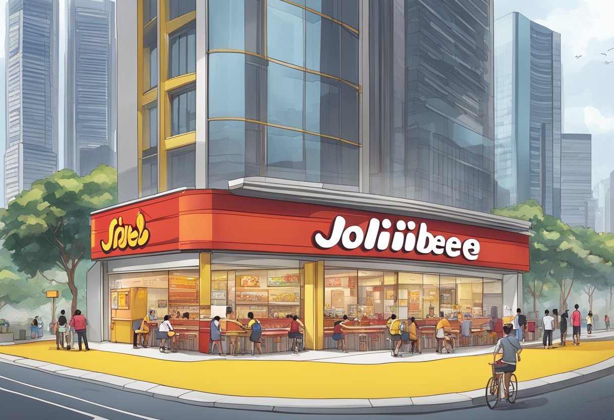 Jollibee's iconic red and yellow storefront stands out against the bustling cityscape of Singapore, with a line of eager customers waiting to savor the Filipino fast food chain's famous offerings