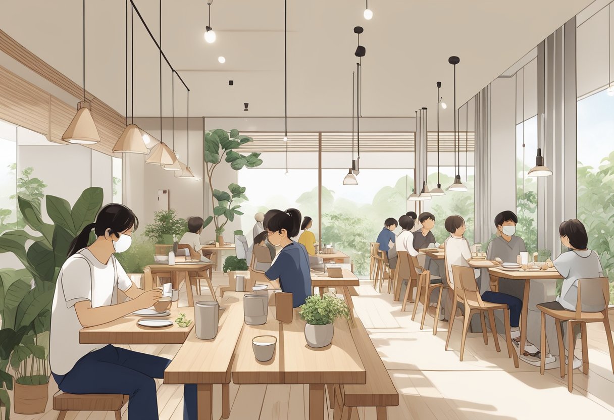 Customers enjoy a serene dining experience at Muji Cafe in Singapore, surrounded by minimalist decor and natural lighting