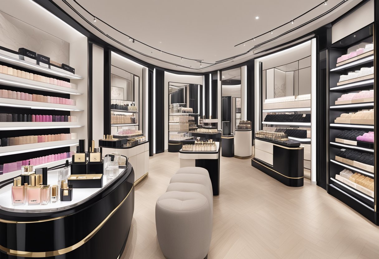 A luxurious display of Chanel beauty products and accessories at a chic boutique in Singapore