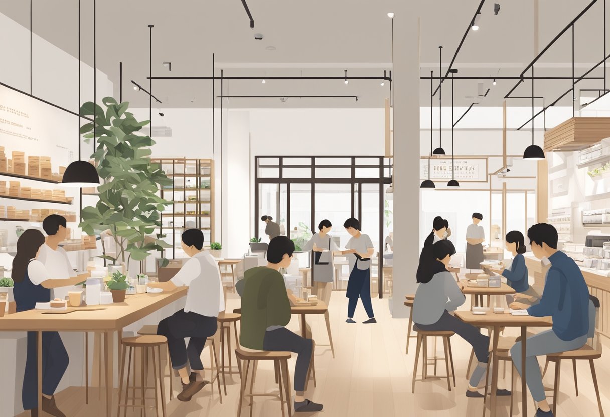 Customers line up at Muji Cafe in Singapore, browsing the menu and chatting with staff. The minimalist decor and cozy atmosphere create a welcoming environment