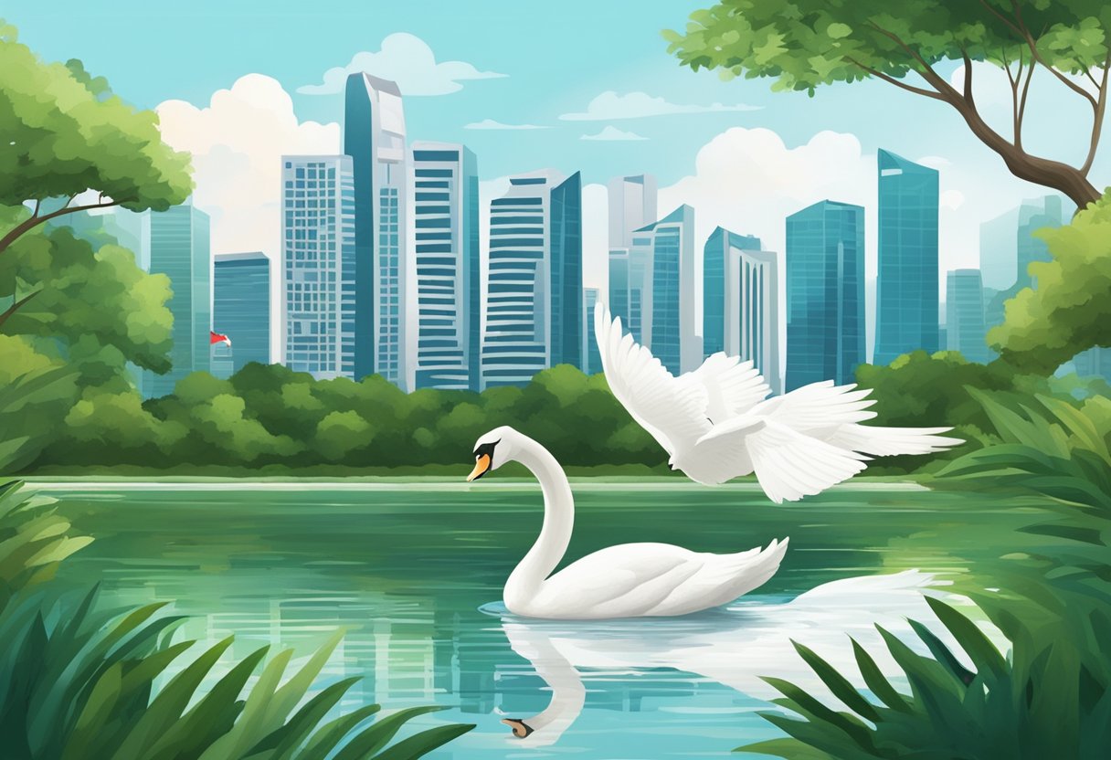 A serene river flows through lush greenery, with a majestic swan gliding gracefully across the water. The iconic skyline of Singapore stands tall in the background