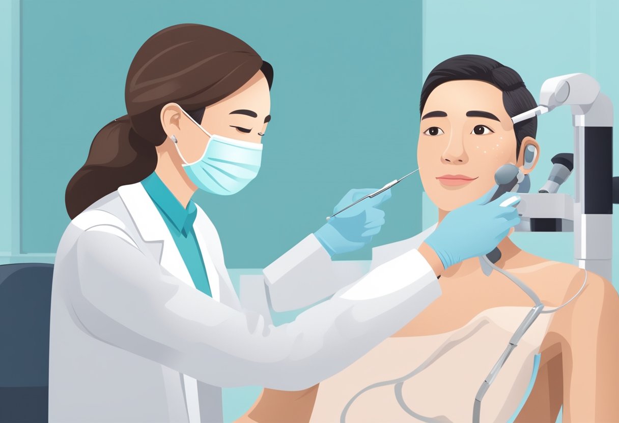 A dermatologist in a clean, modern clinic in Singapore, examining a patient's skin with professional tools and equipment