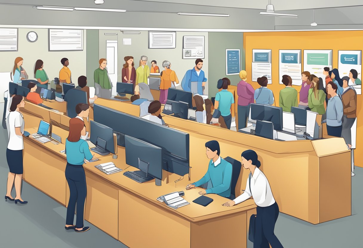 A bustling customer service desk with people lining up, a large "Frequently Asked Questions" sign, and staff assisting customers