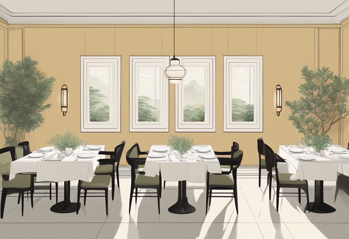 A serene, minimalist dining room with soft lighting and modern decor. A menu featuring elegant, seasonal dishes with a focus on French techniques and Asian flavors