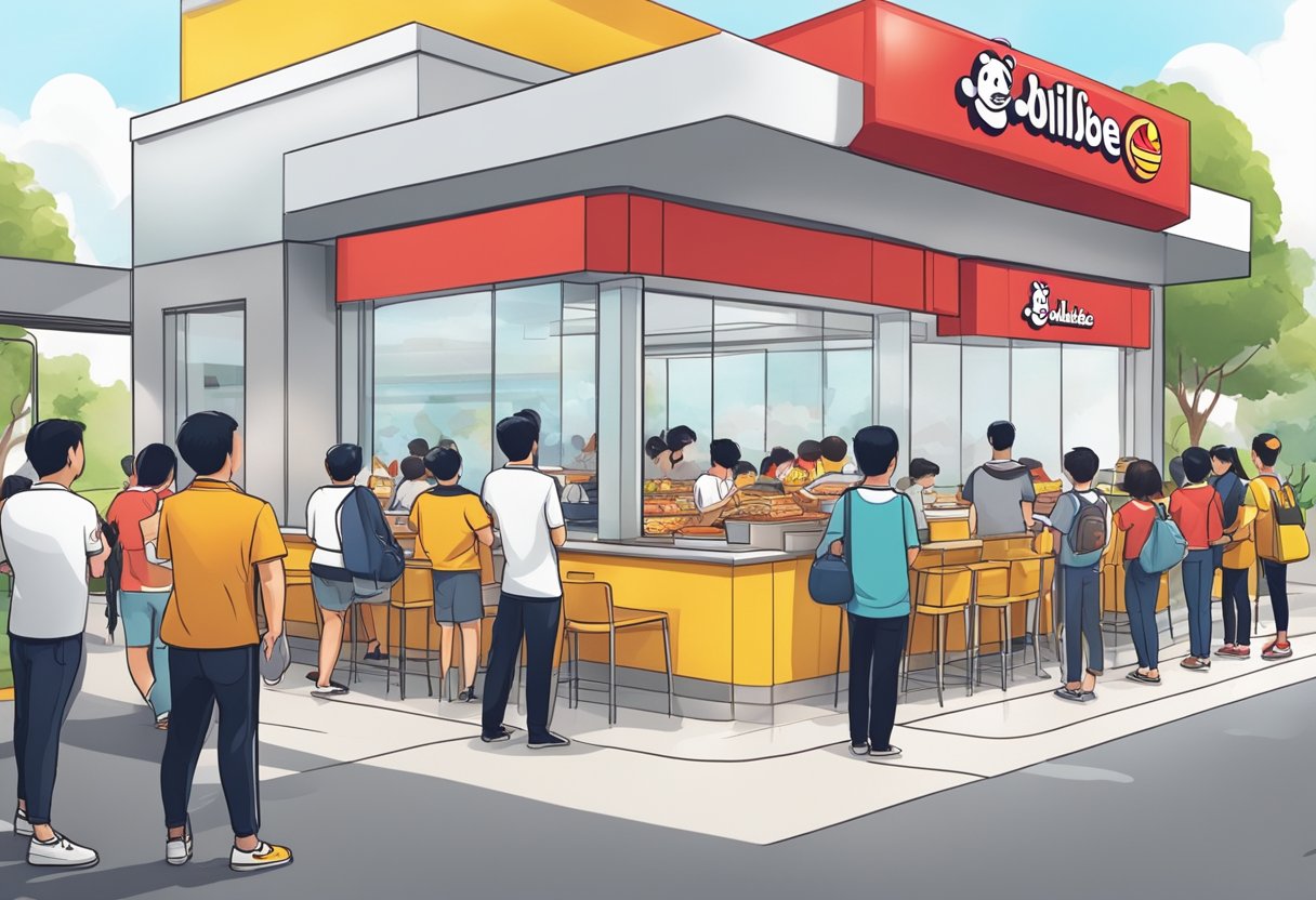 A bustling Jollibee Singapore branch with customers lining up and staff serving food with the iconic bee mascot greeting guests at the entrance