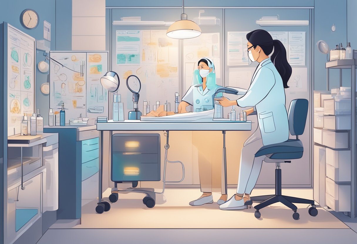 A dermatologist in Singapore examines a patient's skin under a bright light, surrounded by medical equipment and charts