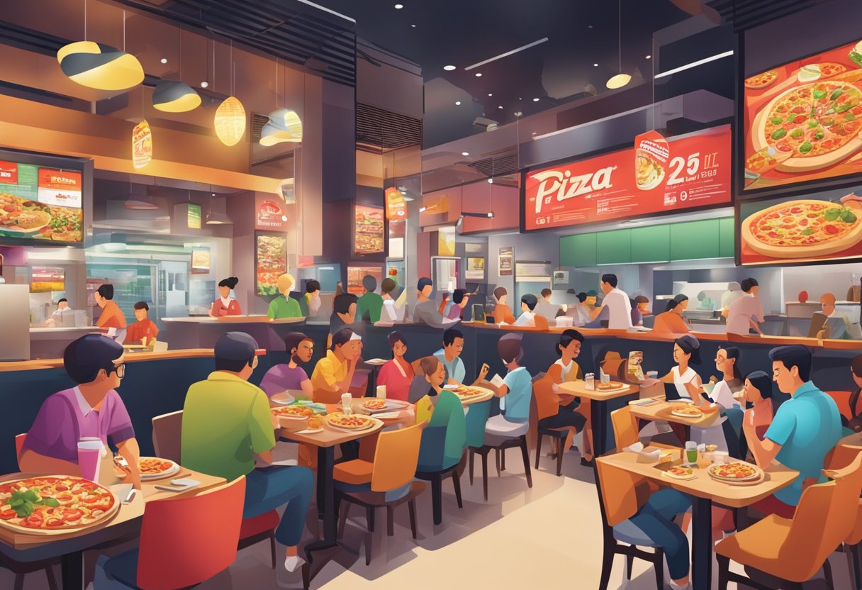 A bustling Pizza Hut in Singapore, with colorful signage and bustling customers enjoying their meals