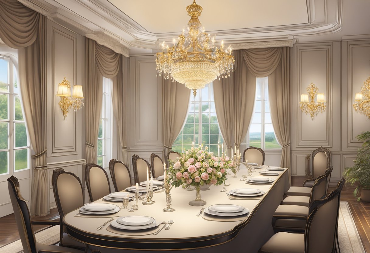 An elegant dining room with soft lighting, intricate floral motifs, and ornate chandeliers, evoking a sense of luxury and sophistication