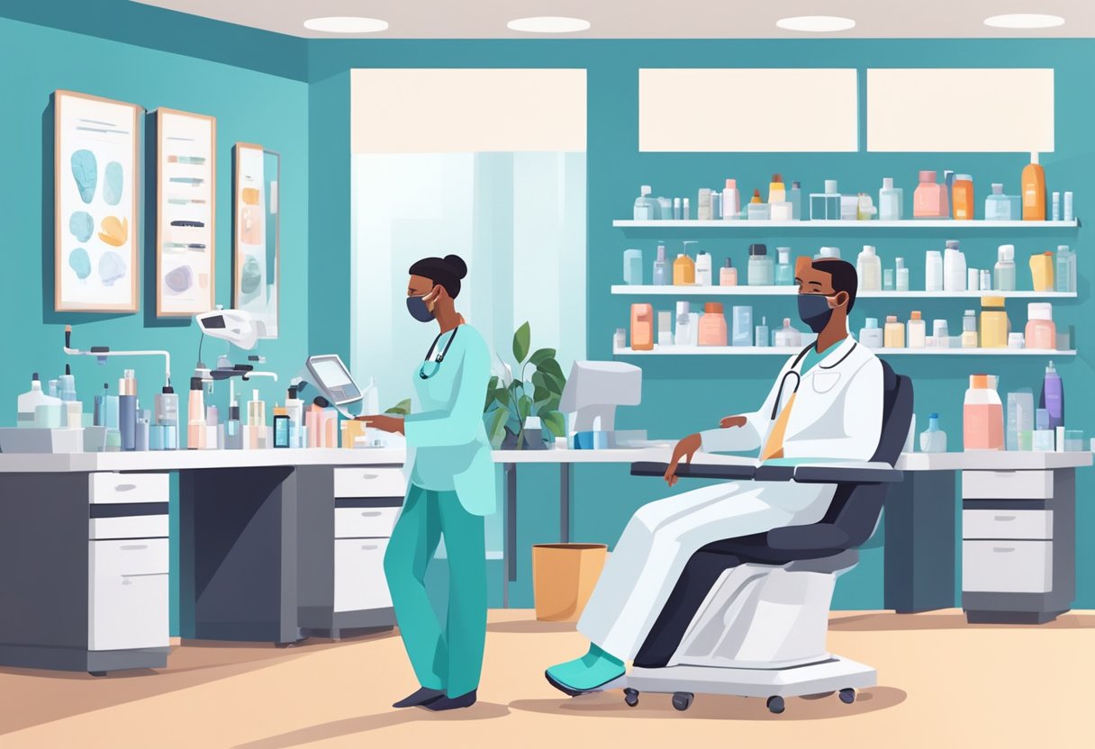 A patient sits in a modern dermatologist's office, surrounded by skincare products and medical equipment, while the doctor listens attentively